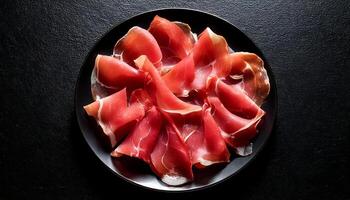 Slices of prosciutto or jamon arranged on a black plate, top view, close up, top view. Meat delicatessen plate arranged. Set of sliced meat on a dark plate. photo