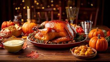 Roasted turkey garnished on a rustic style table decorated with pumpkins, gourds, baked vegetables, pie, flowers, and candles. Close up of turkey on the holiday dinner prepared for Thanksgiving Day photo