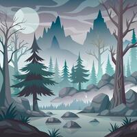 illustration of a forest landscape with trees and rocks vector