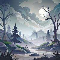 A cartoon illustration of a forest with trees and rocks vector