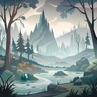 An illustration of a forest scene with a river vector