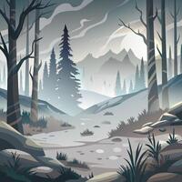 A forest scene with trees and rocks vector
