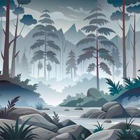 A cartoon illustration of a forest with rocks and trees vector