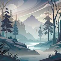 A forest scene with a river and trees vector