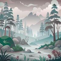 illustration of a forest landscape with a stream and rocks vector