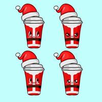 Four cute plastic paper cup characters in Santa hats, each with a different expression. sad, happy, surprised, and excited. Perfect for Christmas and winter themed designs.Print vector