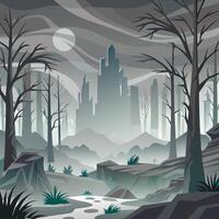 An illustration of a forest with a castle in the background vector