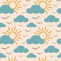 Retro seamless pattern with birds, sun and clouds. Illustration of sky. Vintage background nature and animals. vector