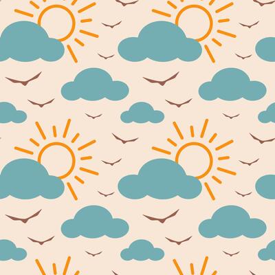 Retro seamless pattern with birds, sun and clouds. Illustration of sky. Vintage background nature and animals.
