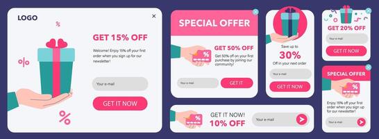 UI Kit for Pop-up Windows Offering Discounts and Email Signup, in Flat Style for UX,UI Design vector
