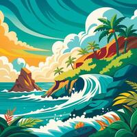 Tropical island with waves and palm trees vector