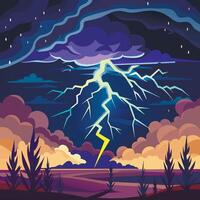 A lightning bolt striking the sky with clouds and trees vector