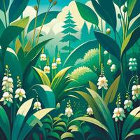 A painting of a forest with flowers and trees vector
