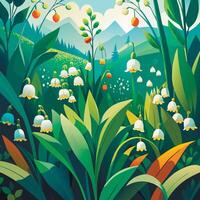 A poster with flowers and trees in the background vector