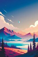 A colorful landscape with mountains and trees vector