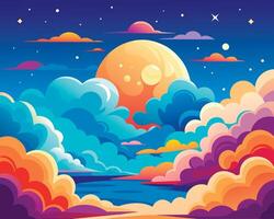 A colorful illustration of clouds and the moon vector