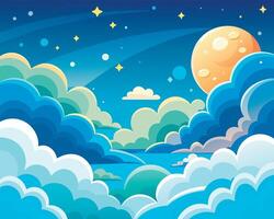 Cartoon illustration of clouds and moon in the sky vector