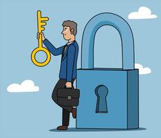Key to unlock, solve business problems, professional to provide solutions, successful business key, smart businessman holding a key to unlock success vector