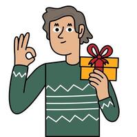 Man holding a gift and making a ok gesture vector