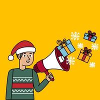 Boy in a Christmas sweater smiling and holding a megaphone vector