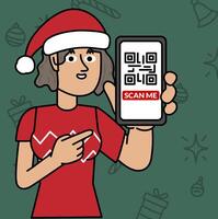Smiling woman with Christmas hat showing QR code vector
