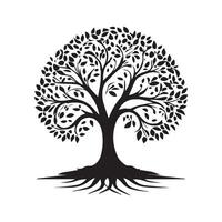 black and white tree with leaves and roots vector
