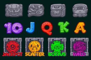 Set of 12 slot symbols Mayan or Aztec theme. Stone Icons for 2D Games and Casino or Slots. Ui element for jackpot in gambling. Graphic elements for the development of slot machines vector
