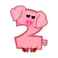 Cartoon number 2 like pink pig, figure Two. Cartoon of number with a animal concept. Calligraphy, lettering, typography for your Education cards or game vector