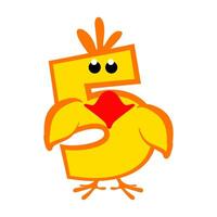Cartoon number 5 like yellow chicken, figure Five. Calligraphy, lettering, typography for your Education cards or game. Cute sticker vector