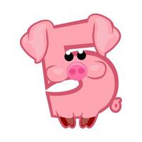 Cartoon number 5 like pink pig, figure Five. Cartoon of number with a animal concept. Calligraphy, lettering, typography for your Education cards or game vector