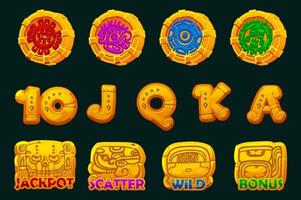 Set of 12 slot symbols Mayan or Aztec theme. Golden Icons for 2D Games and Casino or Slots. Ui element for jackpot in gambling. Graphic elements for the development of slot machines vector