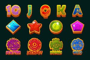 Set of 12 slot symbols Aztec or Mayan theme. Ui element for jackpot in gambling. Style Icons for 2D Games and Casino or Slots. Graphic elements for the development of slot machines vector