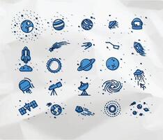 Space flat icons drawing with black lines and color on crumpled paper background. vector