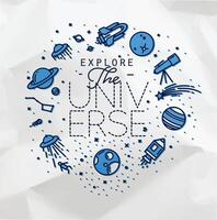 Space flat monogram lettering explore the universe drawing with grey lines on white background vector