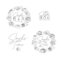 Sushi labels in line style drawing on white background vector