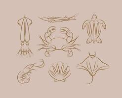 Filigree swirl sea and ocean creatures squid, fish, crab, turtle, shrimp, stingray, shell, scallop drawing on brown background vector