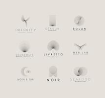 Geometric abstract labels with text and thin lines drawing on beige background vector