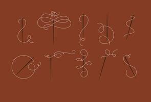 Needles and thread for sewing collection drawn with swirls element in baroque style terracotta color vector