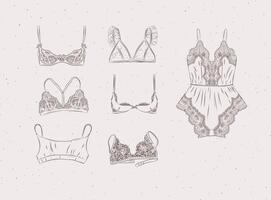 Lace sexy bras collection drawn in graphic style on beige color background vector