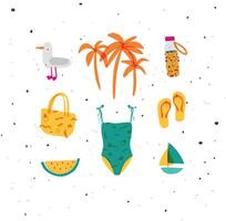 Summer elements seagull, palm tree, bottle of water, bag, swimsuit, slippers, watermelon, boat drawing in color vector