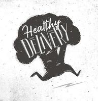 Healthy delivery with running broccoli and lettering drawing on dirty paper background vector