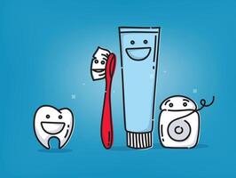 Small amusing tooth, toothbrush, dental floss, toothpaste characters scene drawing on light blue background. vector