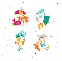 Summer vivid compositions set with seagull, umbrella, watermelon, palm, speaker shell, slippers, swimsuit, leaf, pineapple, sunglasses, rollers, water bottle, airplane drawing in vivid style vector