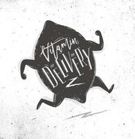 Vitamin delivery with running lemon and lettering drawing on dirty paper background vector