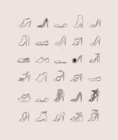 Women shoes different types set drawing in vintage style on peach color background vector