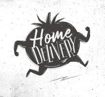 Home delivery with running tomato and lettering drawing on dirty paper background vector