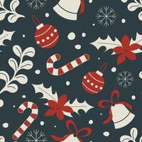 New Year seamless pattern with balls, candies and flowers form a festive seamless pattern for modern wrapping paper. vector