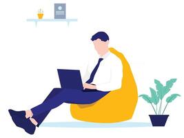 Man searching job online with his laptop computer from home. Search field over his head, vector