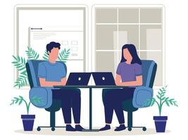 Two people sitting with laptops - People in office sitting in char working on computers together in office. Flat illustration. vector