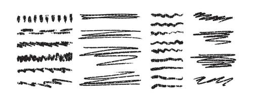 Chalk lines, brush strokes, crayon pencil underlines. Sketch Charcoal straight horizontal lines set. Scribble black strokes. Grunge smears, thin and thick dividers. vector